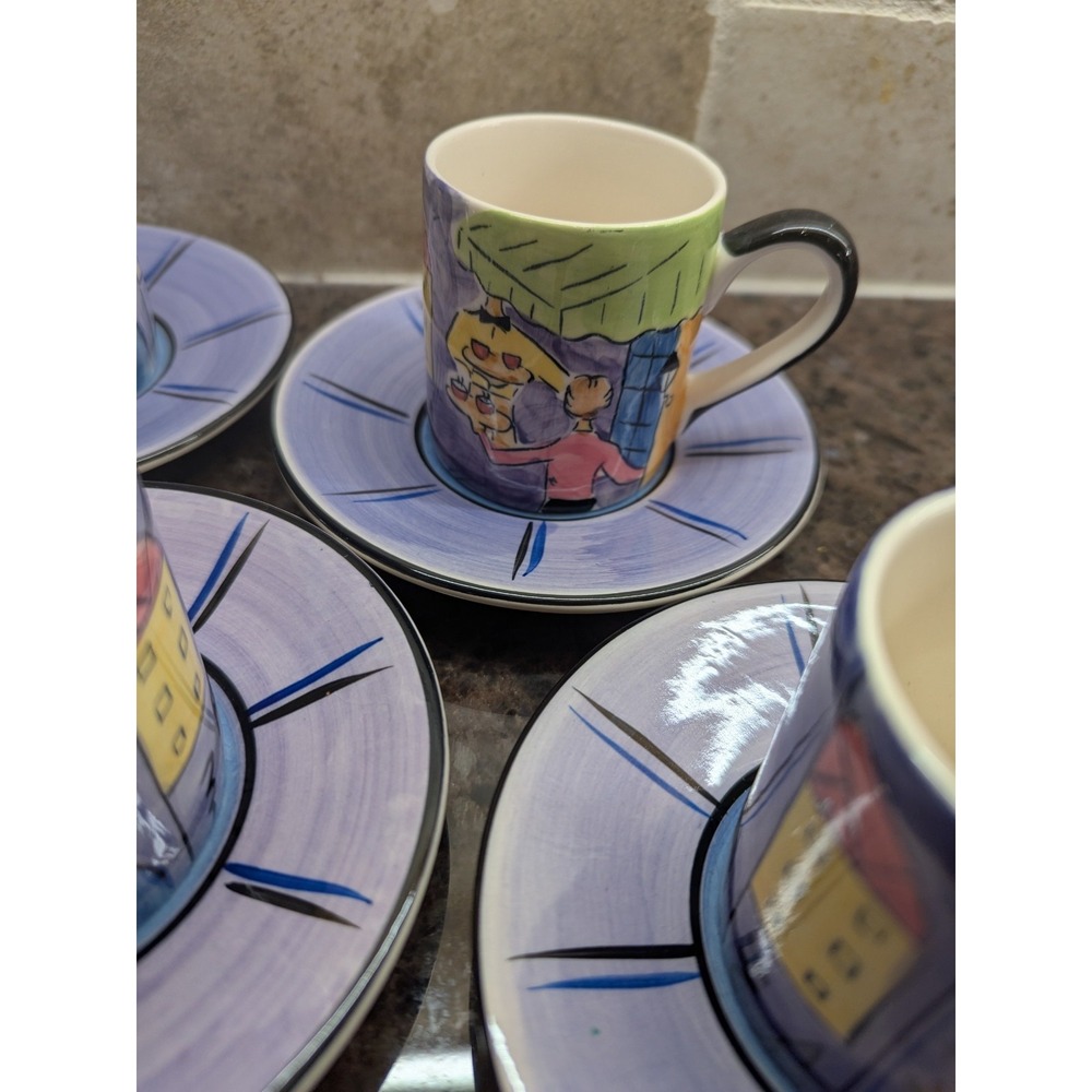 Canhome Hand Painted Cafe Style 2 oz. Espresso‎ Cup And Saucer Set 4 Thailand